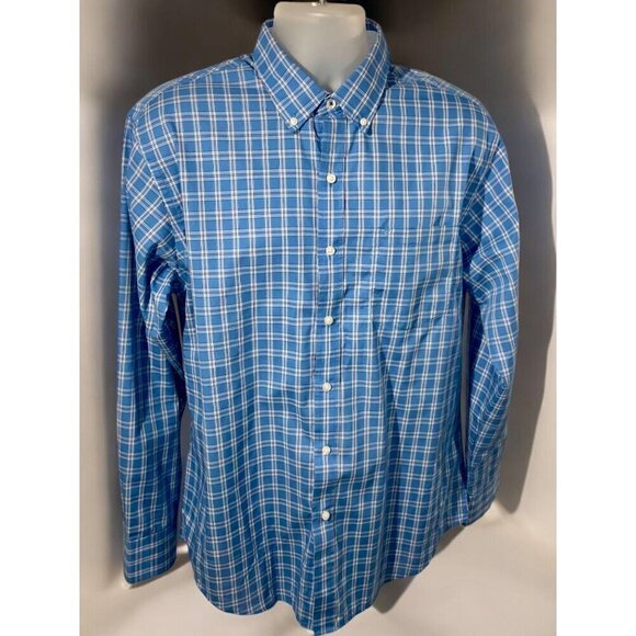 Izod Mens Blue Plaid Button Down Long Sleeve Shirt Contrasting Cuff Trim Large - Picture 6 of 7